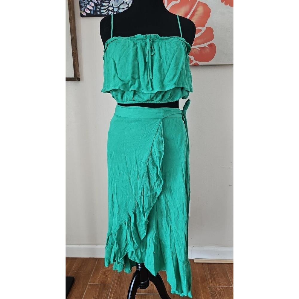 Lulus Size L 2PC Green Tropical Crop Top And Wrap Maxi Skirt Set Vacation